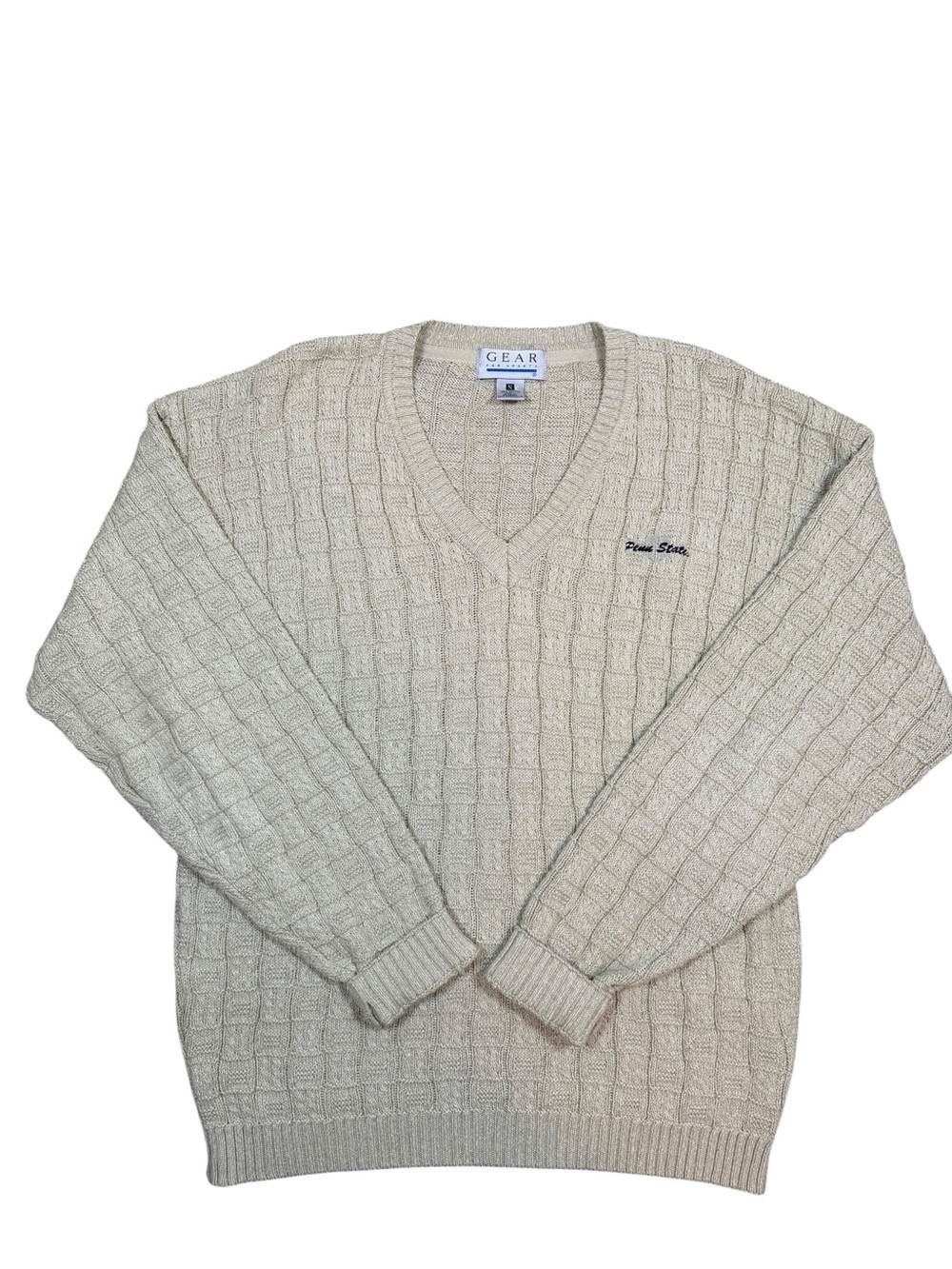 Vintage Penn State V-Neck Sweater Cream Cotton Textured Knit Grandpa College S